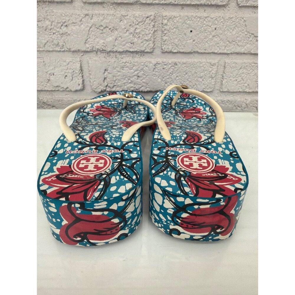 Tory Burch Teal Floral Platform Flip Flop with Cream Straps - Picture 3 of 3